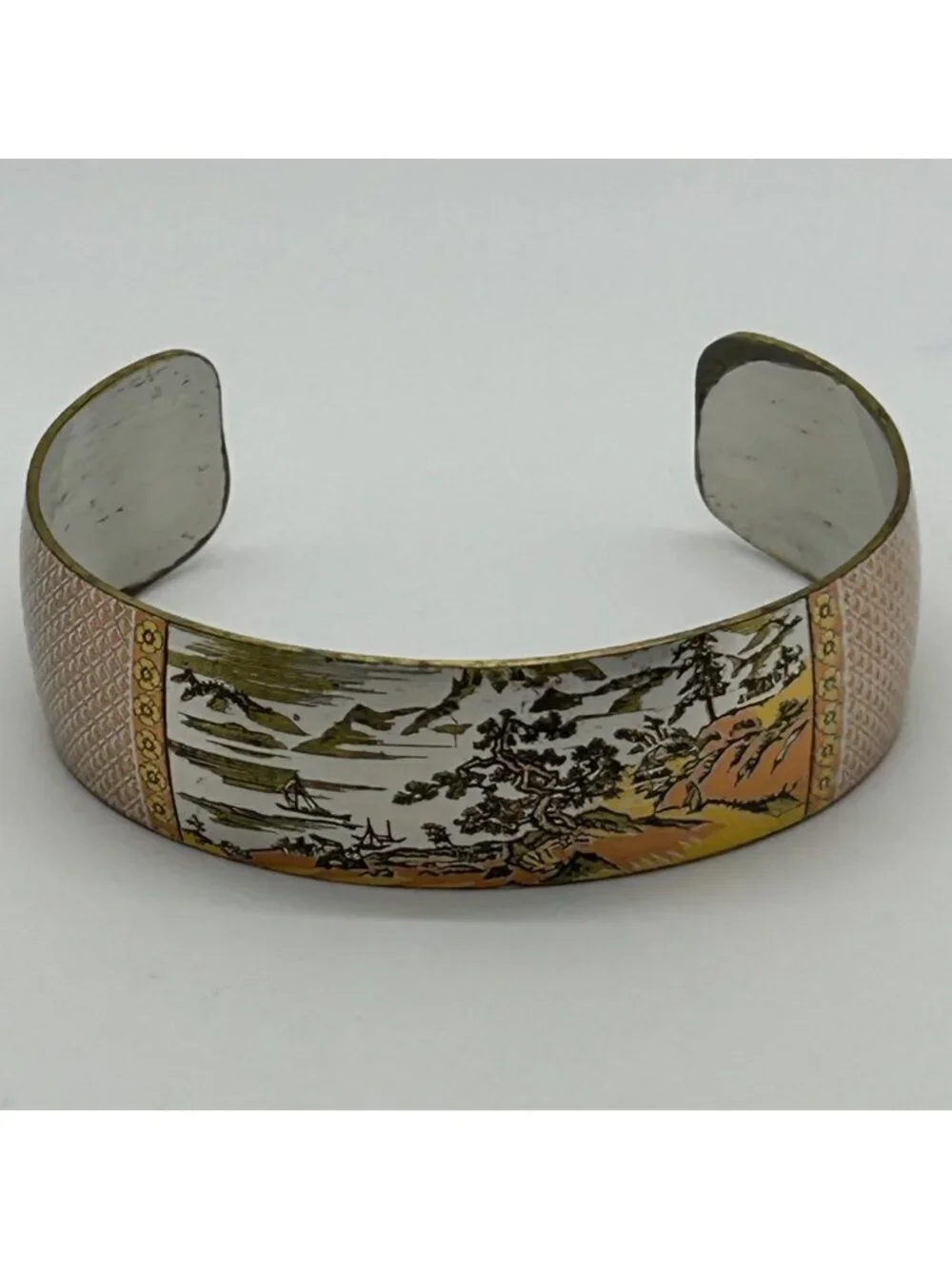 Reed Barton Damascene Cuff Bracelet Vintage Asian Landscape Mix Metal Tone